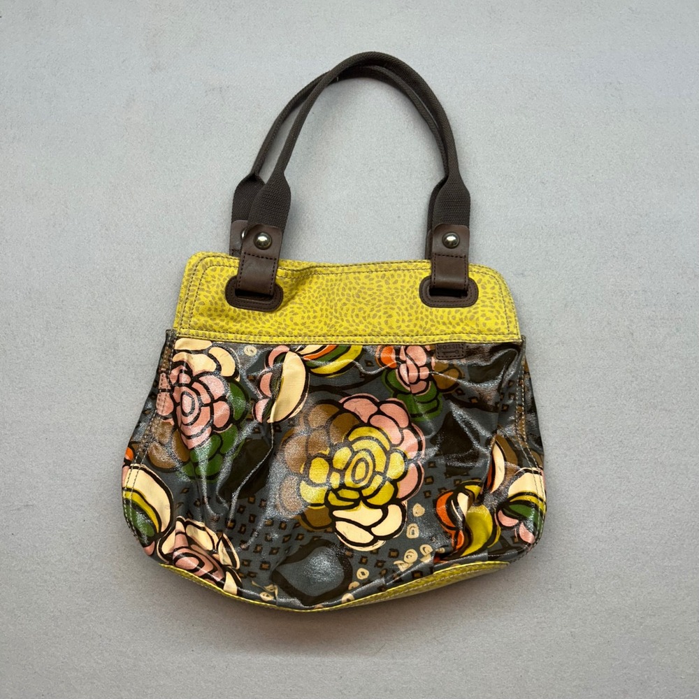 Fossil Key-Per Coated Canvas Floral Shoulder Bag Yellow Brown Multi Print